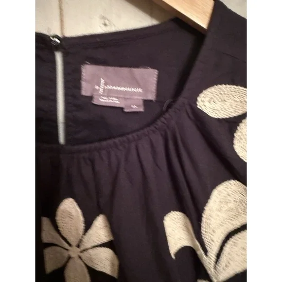 Anthropologie Embroidered Puff Sleeve Dress Floral Cotton Black Ivory XL Worn 1X - Picture 9 of 11